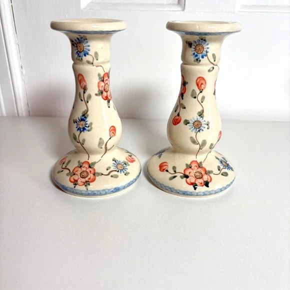 Boleslawiec Polish Pottery 2 Candlesticks Holder Blue Pink Floral 6.5" Tall - Picture 2 of 6